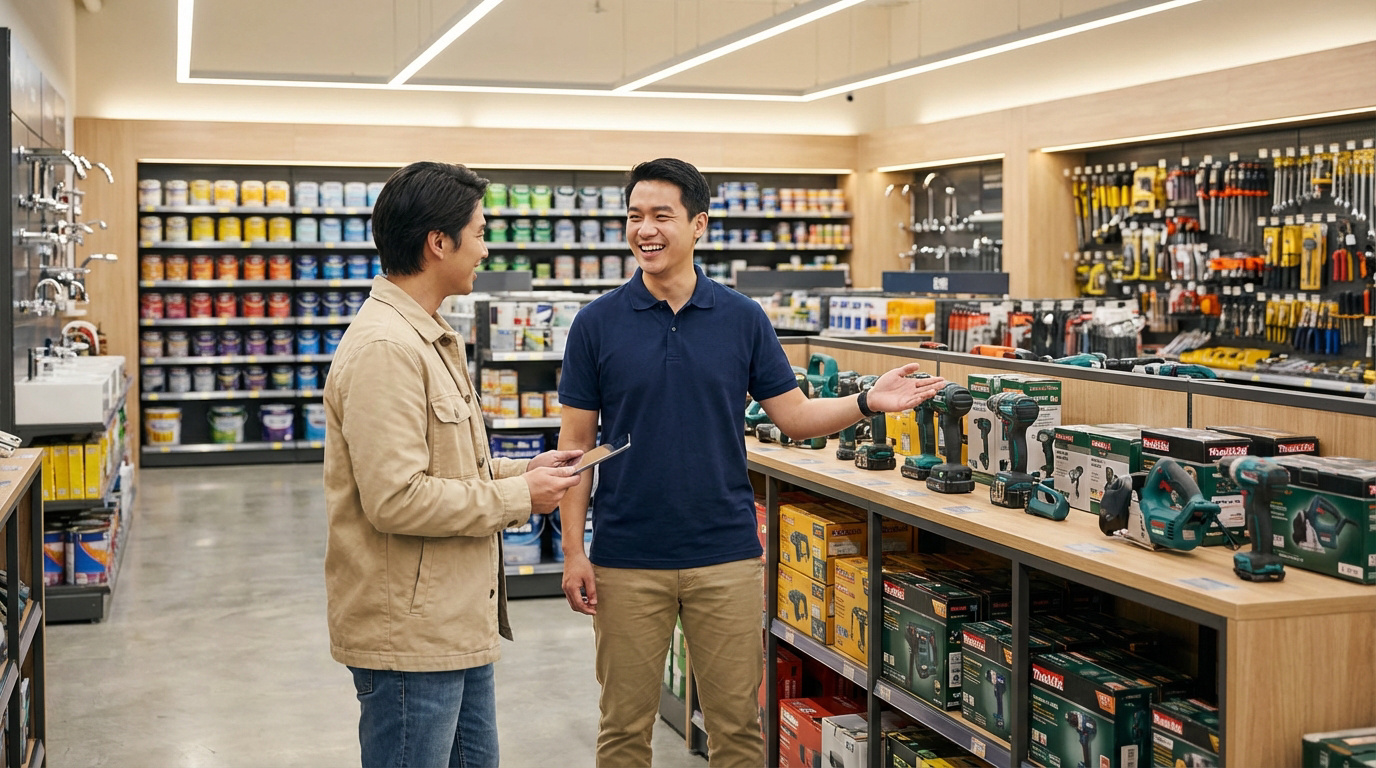 Un employé de magasin de bricolage conseille un client souriant près d'un rayon d'outils électriques et de peinture.