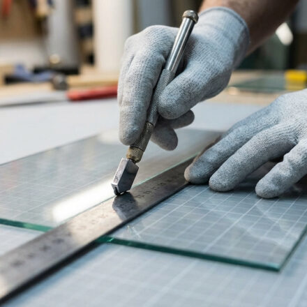 Gros plan sur des mains gantées utilisant un coupe-verre et une règle pour découper précisément une plaque de verre.