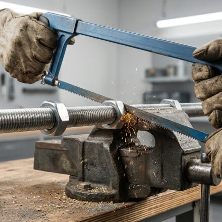 Gros plan sur une personne gantée coupant une tige filetée avec une scie à métaux. Des étincelles jaillissent. Deux écrous protègent le filetage.