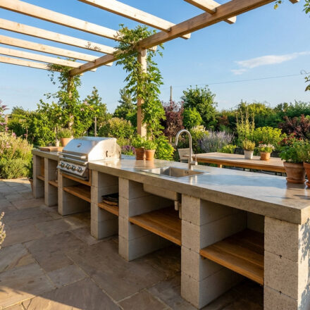 Comment fabriquer votre cuisine d’été sur mesure en 2026 Cuisine d'été en plein air sous pergola en bois, avec barbecue, évier, plan de travail en béton, étagères en bois et plantes.