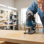Un homme porte des lunettes de sécurité et des gants, utilisant une scie sauteuse Bosch pour couper une planche de bois dans un atelier.