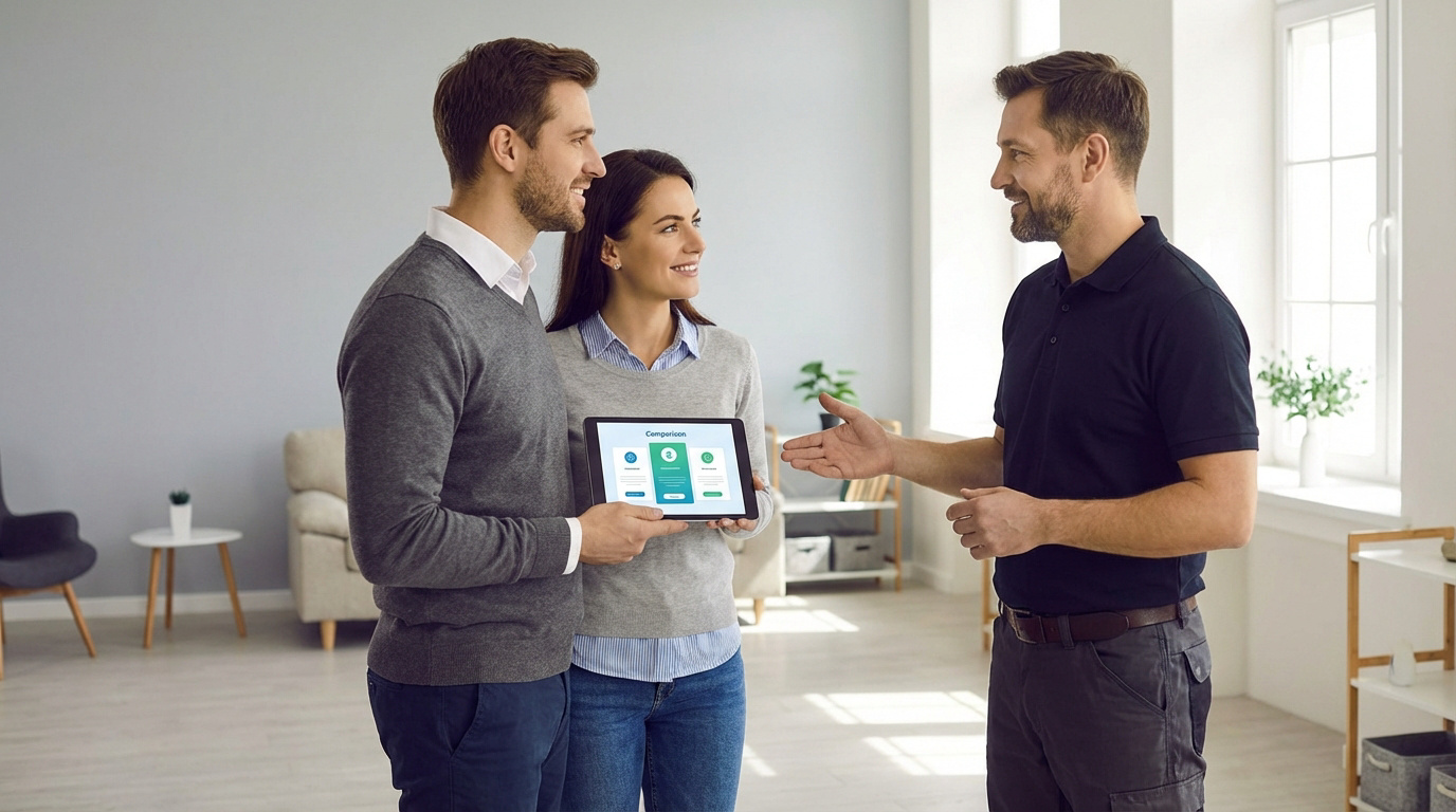 Un couple consulte une tablette avec un professionnel pour des projets de rénovation. L'outil Hello Artisan est en action.