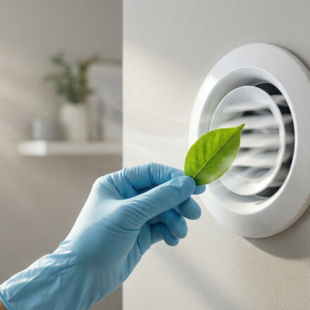 Image d'une main gantée de bleu tenant une feuille verte près d'une VMC murale, suggérant un air intérieur propre et frais.