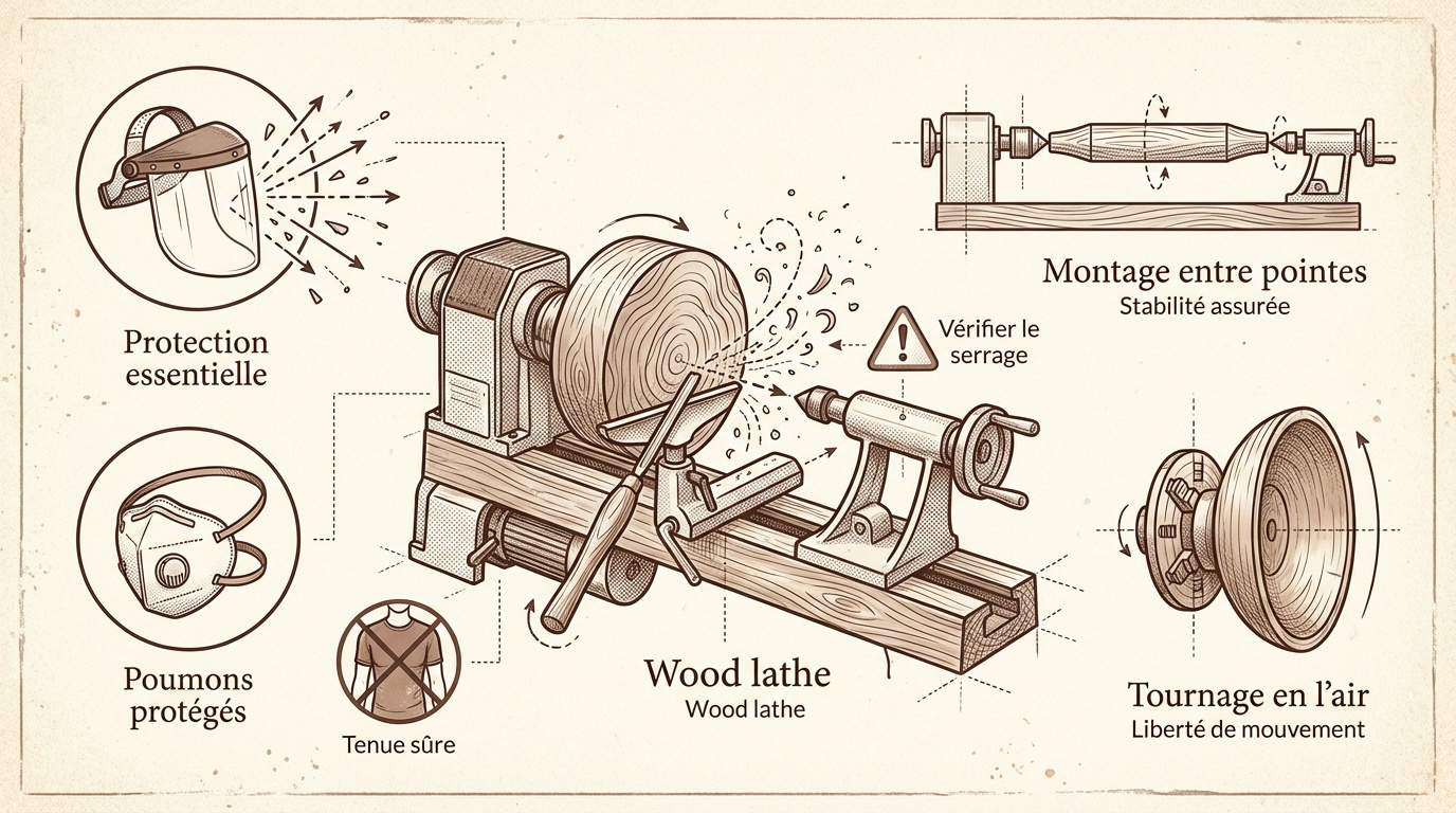 &Eacute;quipements de protection individuelle pour le tournage sur bois incluant visi&egrave;re et masque