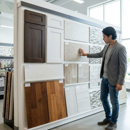 Un homme évalue des échantillons de carrelage dans un magasin de bricolage. Portes d'armoires, parquets et nuancier visibles.