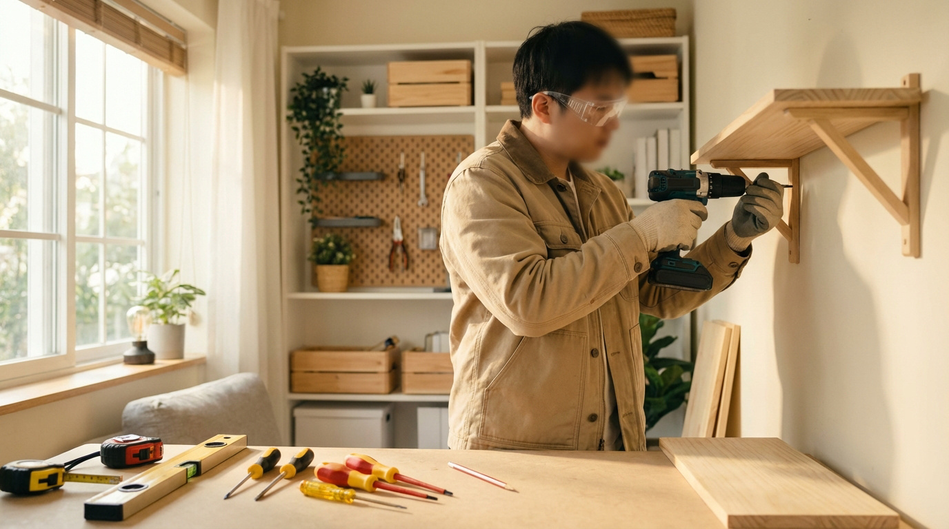 Réussir ses travaux grâce au meilleur conseil bricolage Un homme installe une étagère murale en bois avec une perceuse, portant lunettes et gants. Des outils sont sur le plan de travail.