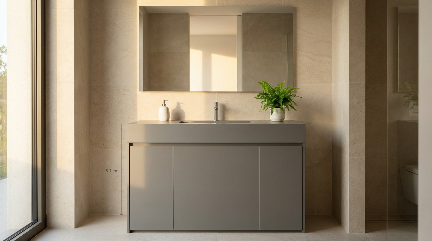 Salle de bain moderne avec meuble vasque gris suspendu de 90 cm de hauteur, miroir, carrelage clair et fenêtre.