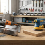 Une meuleuse coupe du métal avec des étincelles et une ponceuse est posée sur du bois dans un atelier bien rangé.