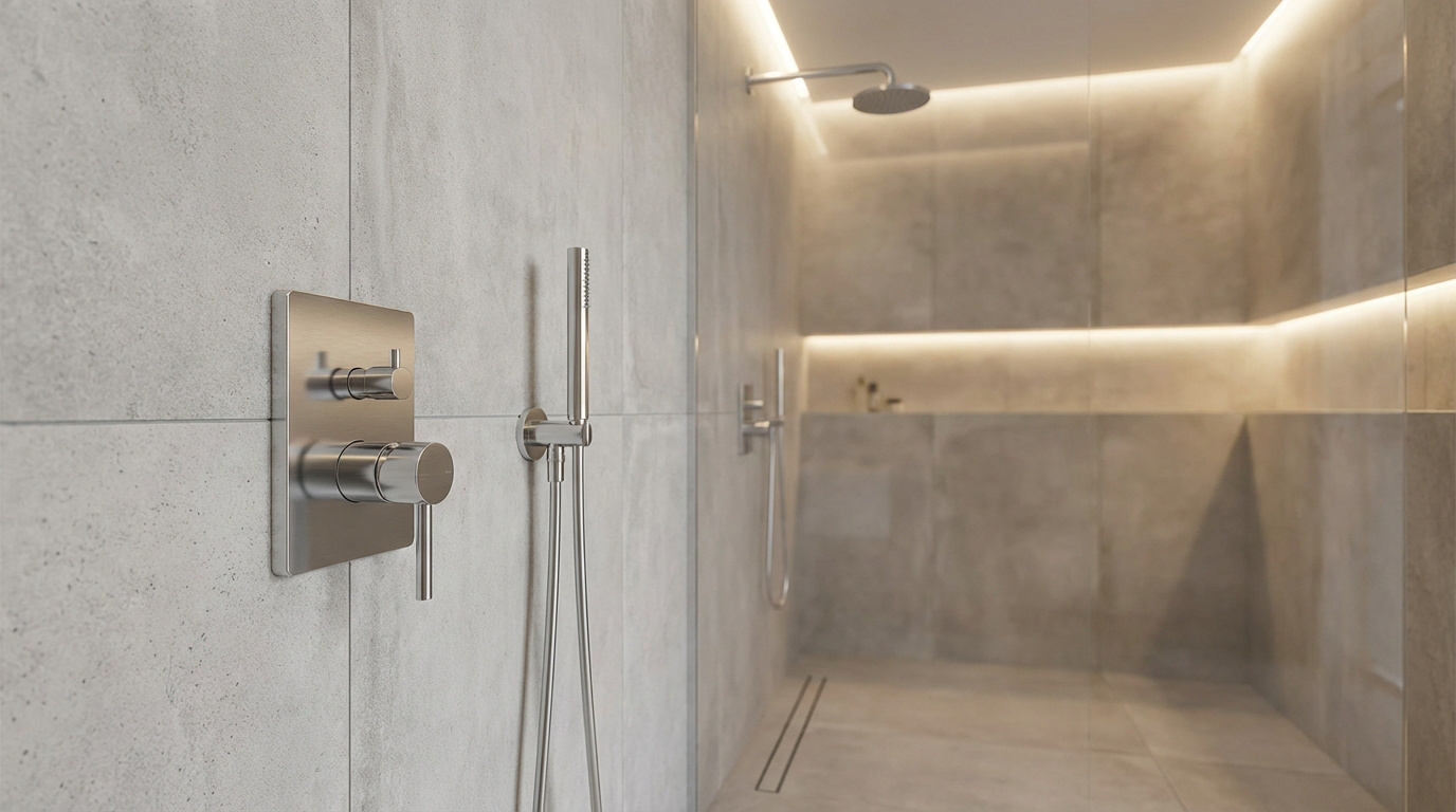 Mitigeur douche encastré en métal brossé sur mur carrelé gris clair. Pommeau à main et douche de tête visible. Éclairage LED.