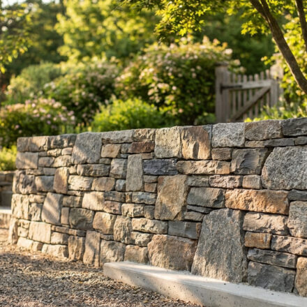 Un muret en pierres naturelles aux tons gris et bruns, s'intégrant à un jardin luxuriant avec arbres et arbustes fleuris.