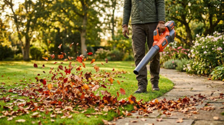 Personne utilisant un souffleur de feuilles orange et gris pour dégager des feuilles d'automne sur une pelouse et un chemin de jardin.