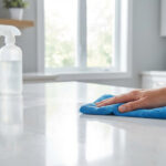 Une main essuie un comptoir de cuisine blanc avec un chiffon bleu. Deux bouteilles d'alcool ménager sont visibles sur le comptoir.