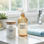 Vue rapprochée d'un comptoir de cuisine avec bicarbonate de soude, vinaigre, citron et chiffon, pour un nettoyage naturel.