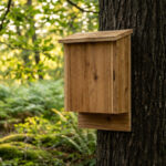 Un nichoir à chauve-souris en bois est solidement fixé à un tronc d'arbre. L'arrière-plan est une forêt verdoyante baignée de soleil.