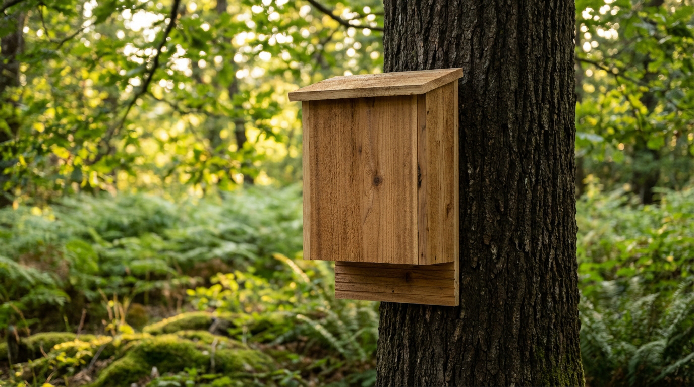 Un nichoir à chauve-souris en bois est solidement fixé à un tronc d'arbre. L'arrière-plan est une forêt verdoyante baignée de soleil.