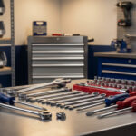 Vue rapprochée d'un assortiment d'outils Wurth sur un établi métallique. Inclut clés, douilles, tournevis. Atelier moderne en arrière-plan.