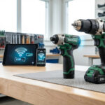 Deux outils électriques Makita (perceuse, visseuse) sur un établi. Tablette et smartphone affichent une connexion Wi-Fi. Atelier en fond.