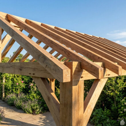 Réussir à fabriquer une pergola en bois : le guide complet Vue rapprochée d'une pergola en bois massif avec charpente apparente, entourée de roses grimpantes, lavande et arbustes fleuris sous un ciel bleu.