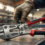 Gros plan sur des mains gantées ajustant une pince monseigneur aux poignées rouges dans un atelier.