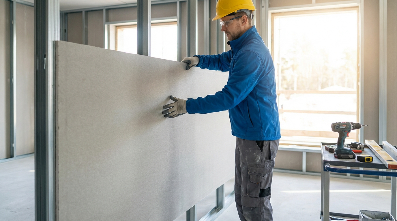 Ouvrier avec casque et gants installant une grande plaque de Fermacell sur une ossature métallique dans un bâtiment en construction.