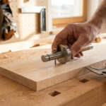 Gros plan sur les mains d'un menuisier utilisant un trusquin pour tracer une ligne précise sur une planche de bois claire.