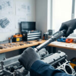 Mécanicien ganté utilisant une clé dynamométrique numérique sur un moteur dans un atelier rempli d'outils et de schémas techniques.