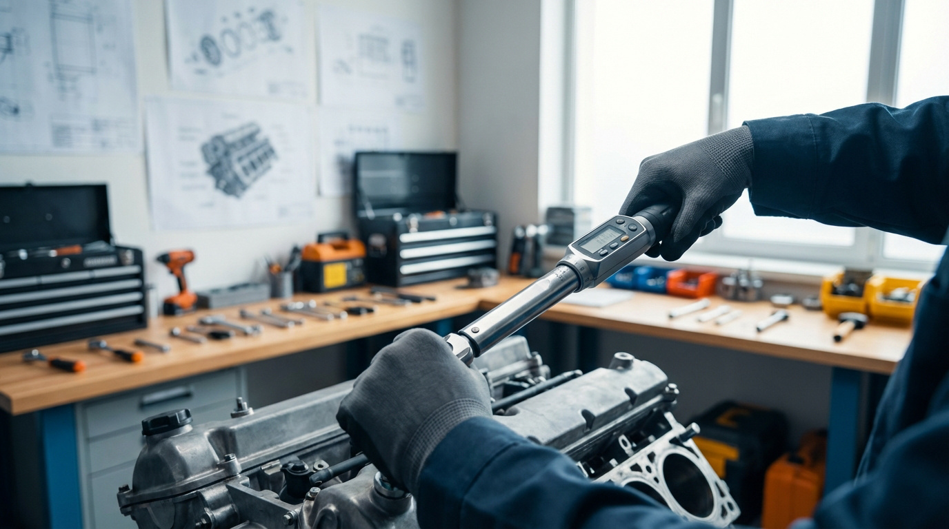Mécanicien ganté utilisant une clé dynamométrique numérique sur un moteur dans un atelier rempli d'outils et de schémas techniques.