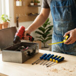 Un individu en tablier de travail s'apprête à bricoler, sortant une perceuse de sa boîte à outils. Mètre, tournevis et copeaux sur l'établi.