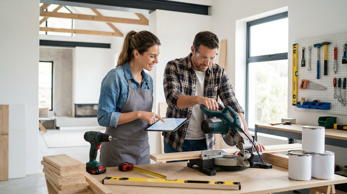 Avis Castorama : réussir vos projets de bricolage en 2026 Un couple souriant travaillant ensemble sur un projet de bricolage, l'un coupant du bois et l'autre consultant un plan sur tablette.
