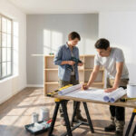 Deux personnes travaillent sur des plans de rénovation. Un homme dessine, une femme tient une perceuse. Étagères en bois et peinture.