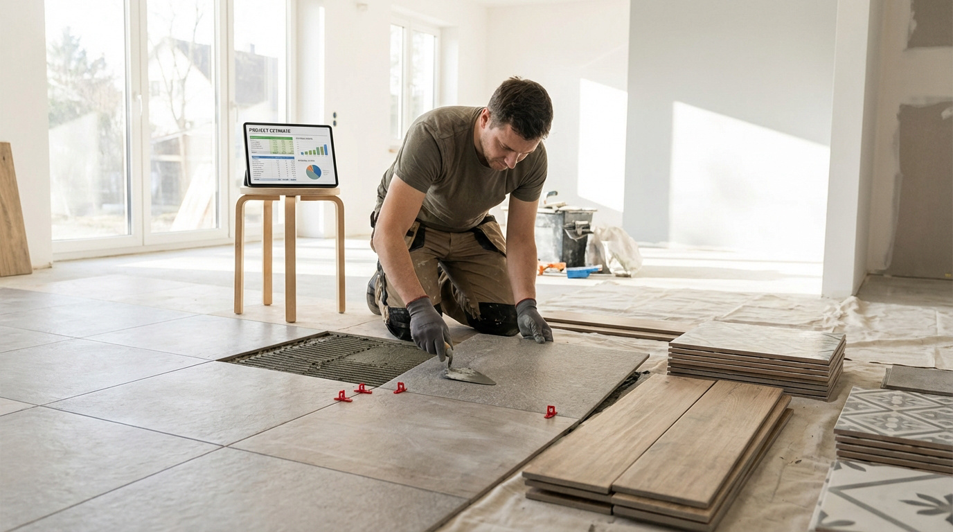 Prix pose carrelage : le budget à prévoir en 2026 Un homme pose du carrelage gris dans une pièce lumineuse en rénovation, avec une tablette affichant un estimatif de projet.