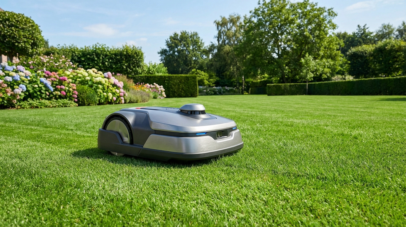Robot tondeuse autonome gris sur pelouse luxuriante. En arrière-plan, des hortensias colorés et une haie bien taillée.