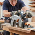 Homme coupe du bois avec une scie circulaire Mafell sur rail de guidage, portant lunettes de sécurité et gants.