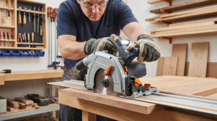 Homme coupe du bois avec une scie circulaire Mafell sur rail de guidage, portant lunettes de sécurité et gants.