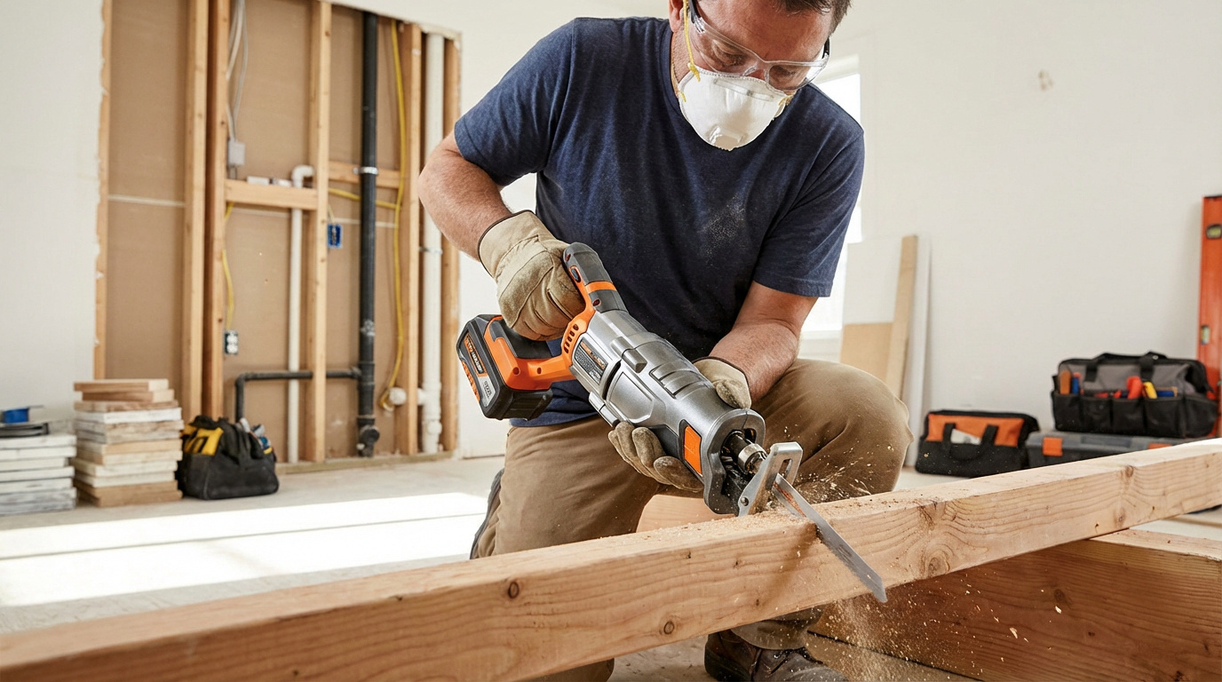 Homme masqué avec lunettes et gants coupe une poutre en bois avec une scie sabre sans fil sur un chantier de rénovation.