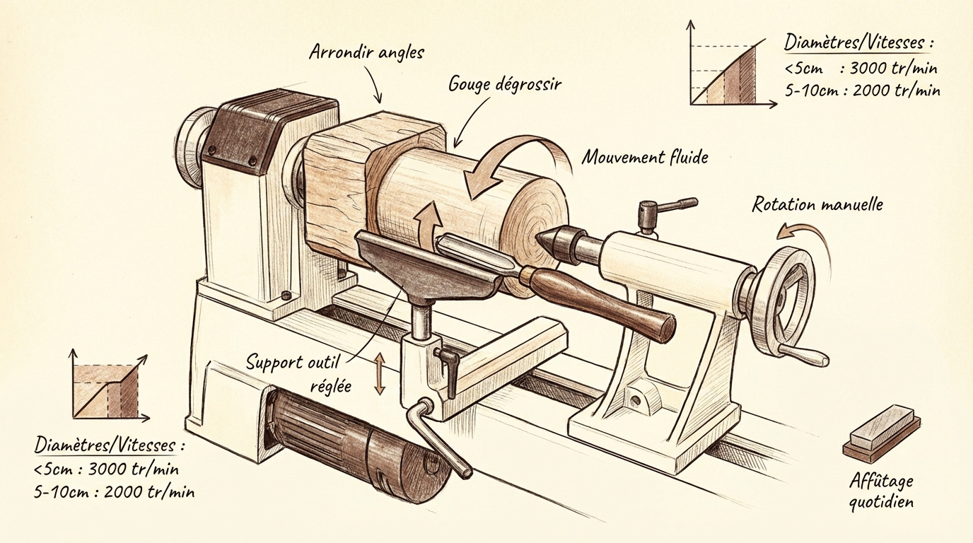 Tourneur sur bois utilisant une gouge pour le d&eacute;grossissage d'une pi&egrave;ce de bois