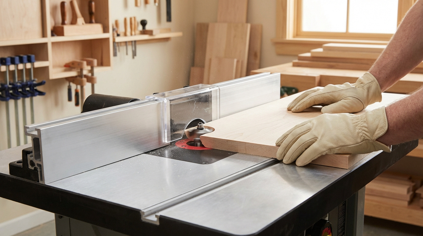Mains gantées d'un artisan utilisant une défonceuse sur table pour façonner une pièce de bois dans un atelier bien équipé.