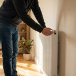 Une personne est en train de purger un radiateur blanc à l'aide d'une clé de purge. La scène se déroule dans un intérieur lumineux.