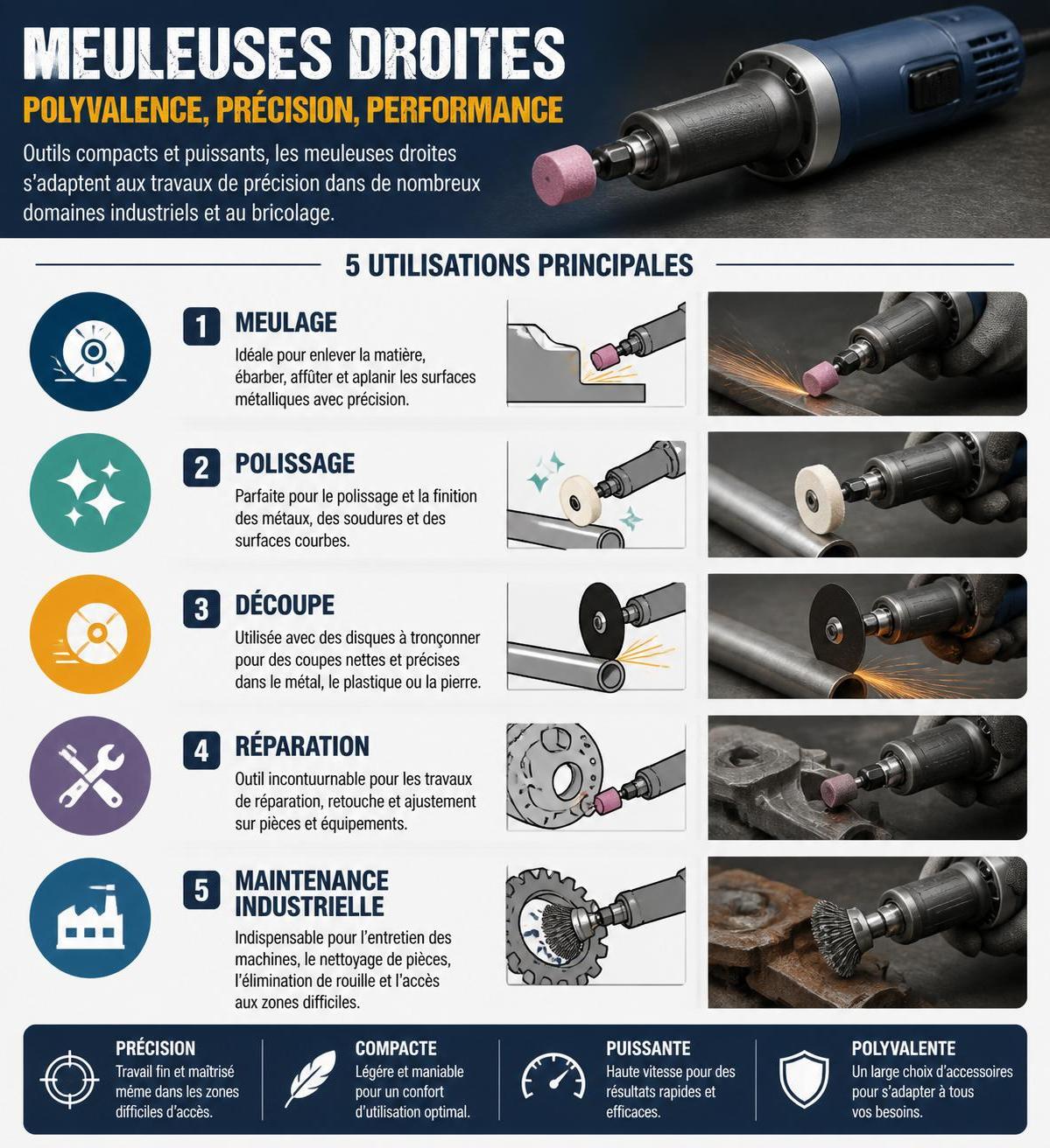 découvrez comment les meuleuses droites sont utilisées dans l'industrie et le bricolage pour des travaux de précision, meulage et polissage efficaces.