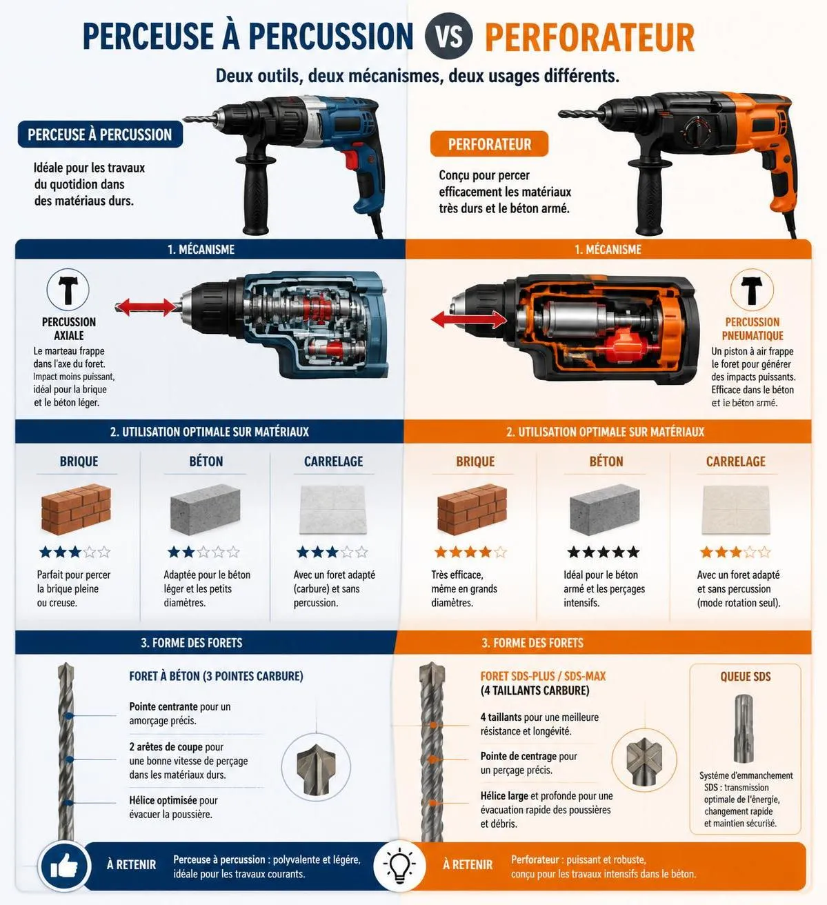 découvrez les différences entre perforateur et perceuse à percussion pour bien choisir l'outil adapté à vos travaux de bricolage et construction.