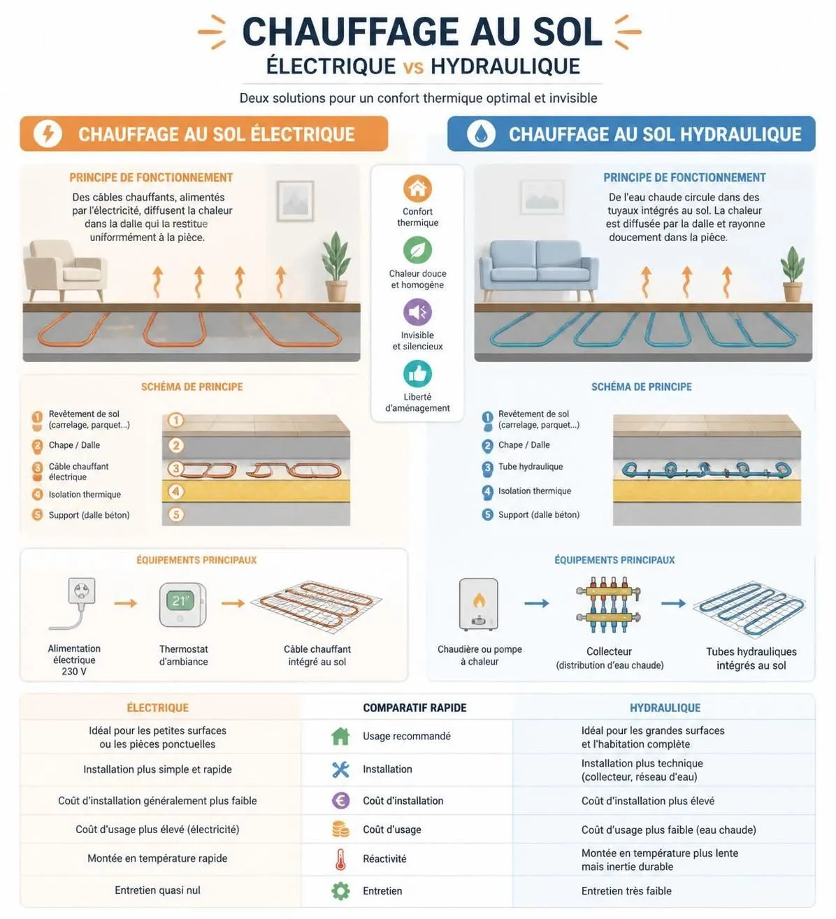 découvrez notre guide complet 2026 pour choisir entre chauffage au sol électrique et hydraulique. avantages, coûts, installation : faites le bon choix pour un confort optimal.