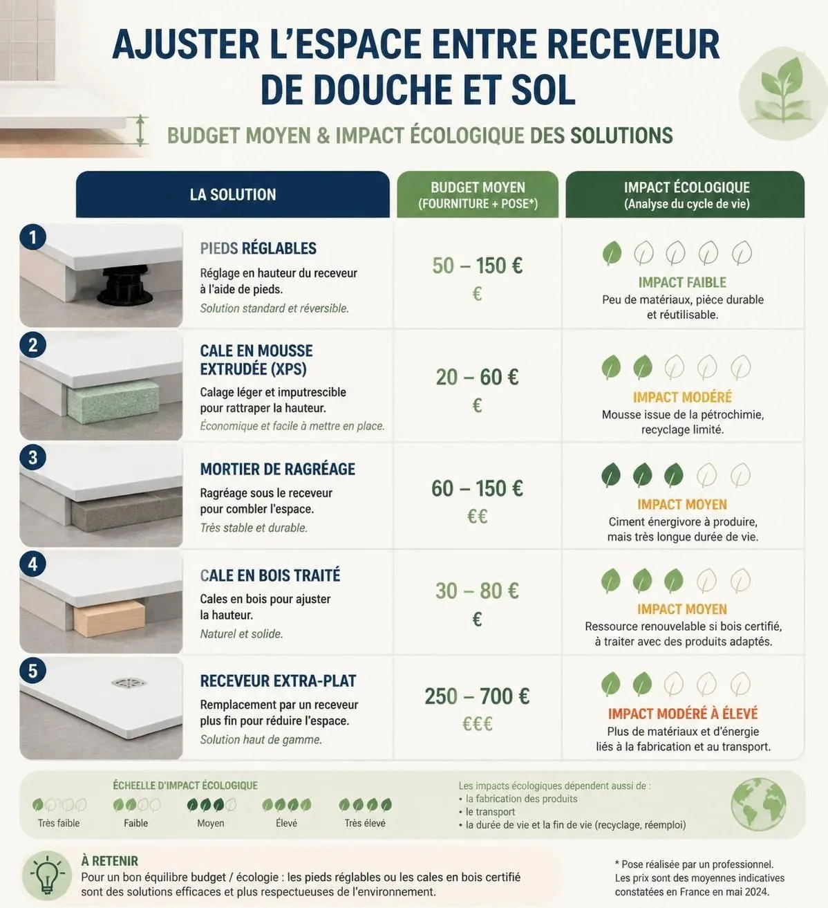 découvrez comment ajuster facilement l'espace entre le receveur de douche et le sol, avec des solutions adaptées au vide disponible pour une installation parfaite et durable.