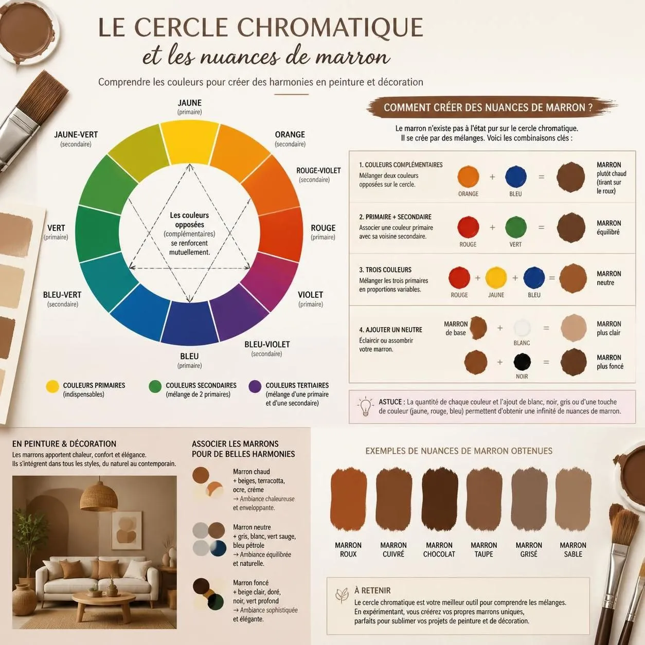 découvrez comment créer la couleur marron parfaite avec des mélanges de peintures simples et explorez des idées d'associations déco pour sublimer vos espaces.