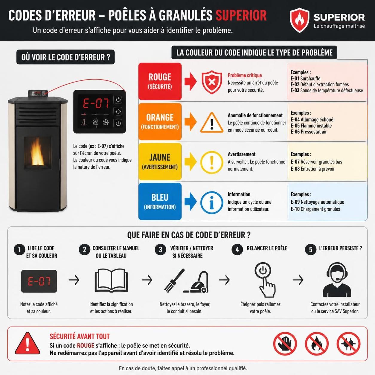 découvrez notre guide complet des codes d'erreur des poêles à granulés superior et trouvez des solutions de dépannage fiables pour assurer le bon fonctionnement de votre appareil.