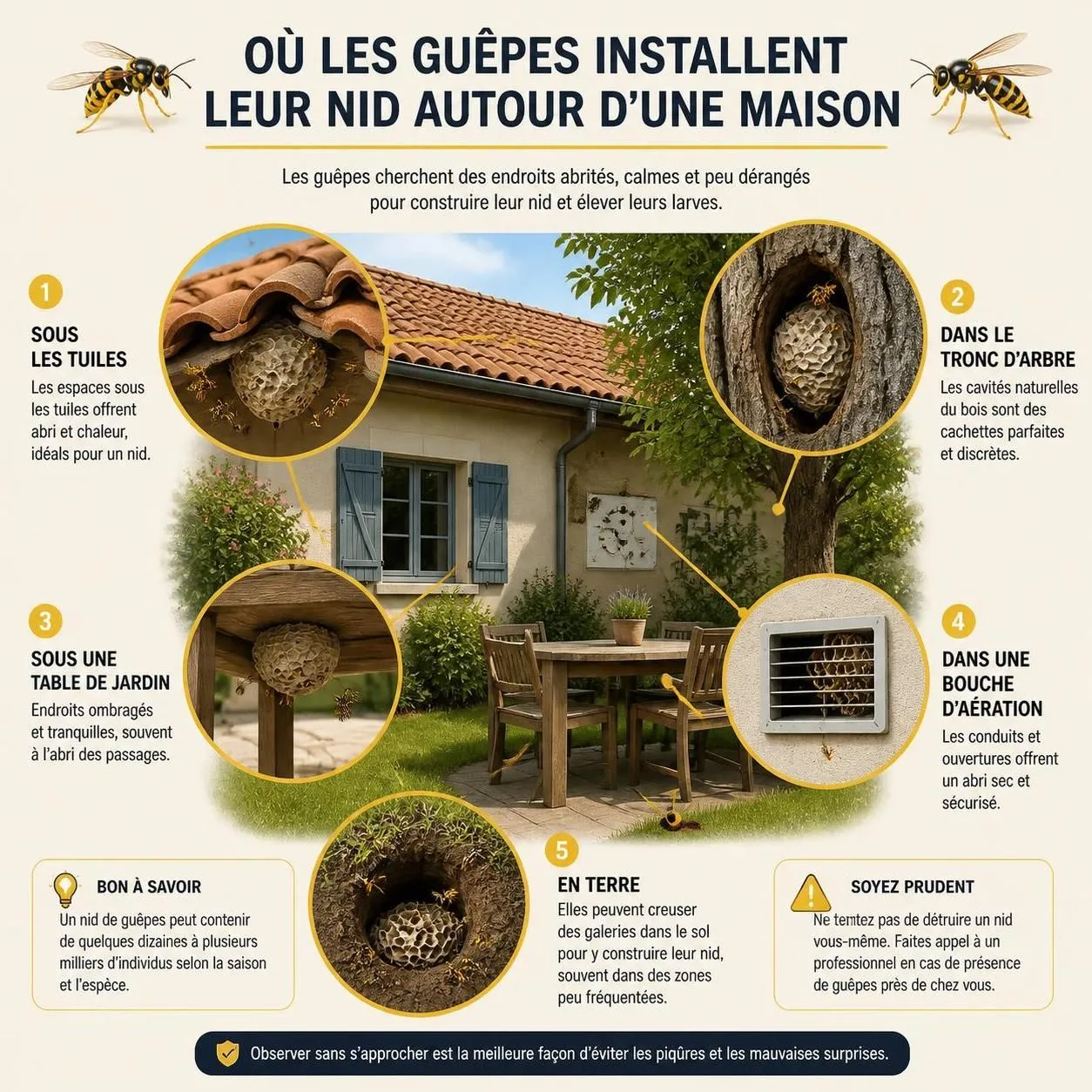 dĂ©couvrez comment repĂ©rer un nid de guĂȘpe et les mĂ©thodes sĂ»res pour s'en dĂ©barrasser efficacement, afin de protĂ©ger votre maison et votre famille.