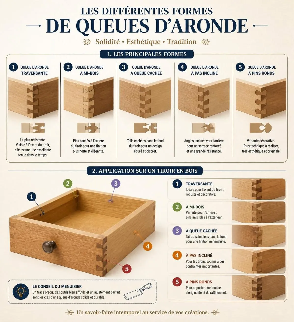 découvrez notre guide complet sur la queue d'aronde, une technique d'assemblage essentielle en menuiserie pour des joints solides et esthétiques.