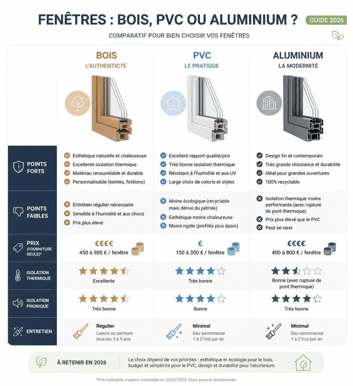 découvrez un comparatif complet entre fenêtres en bois, pvc et aluminium pour faire le meilleur choix de menuiseries selon vos besoins, budget et style.