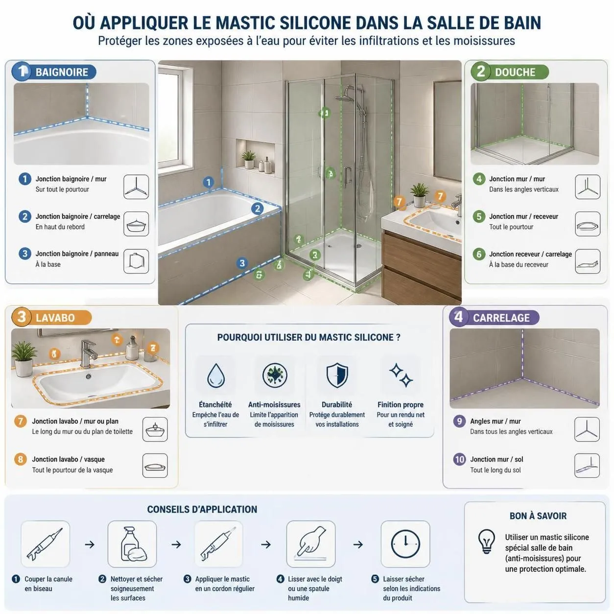 découvrez nos conseils pour appliquer correctement le mastic silicone et garantir une étanchéité parfaite dans votre salle de bain.