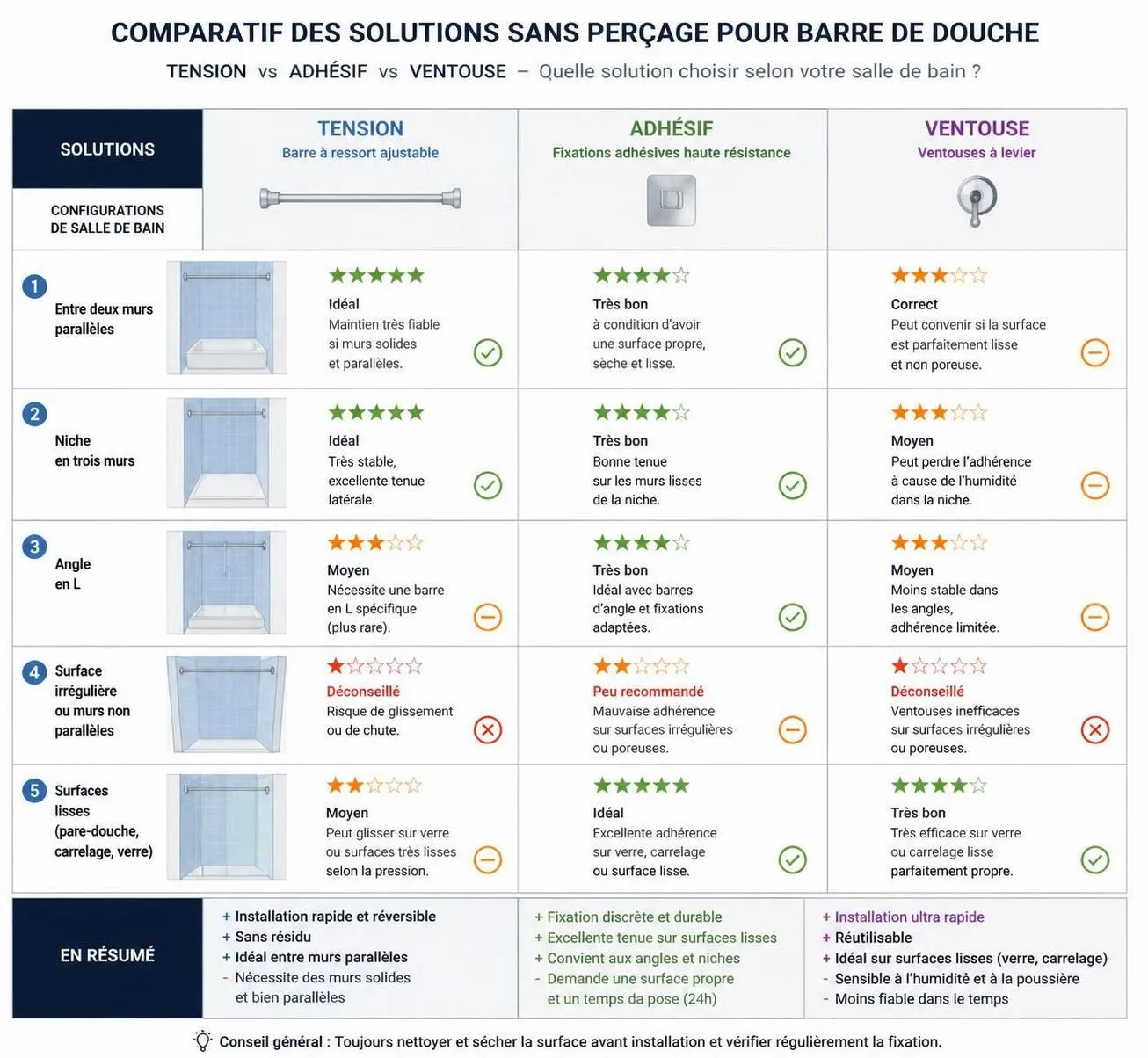 découvrez les meilleures solutions de barre de douche à fixation sans perçage, pratiques et fiables, pour une installation facile sans endommager vos murs.