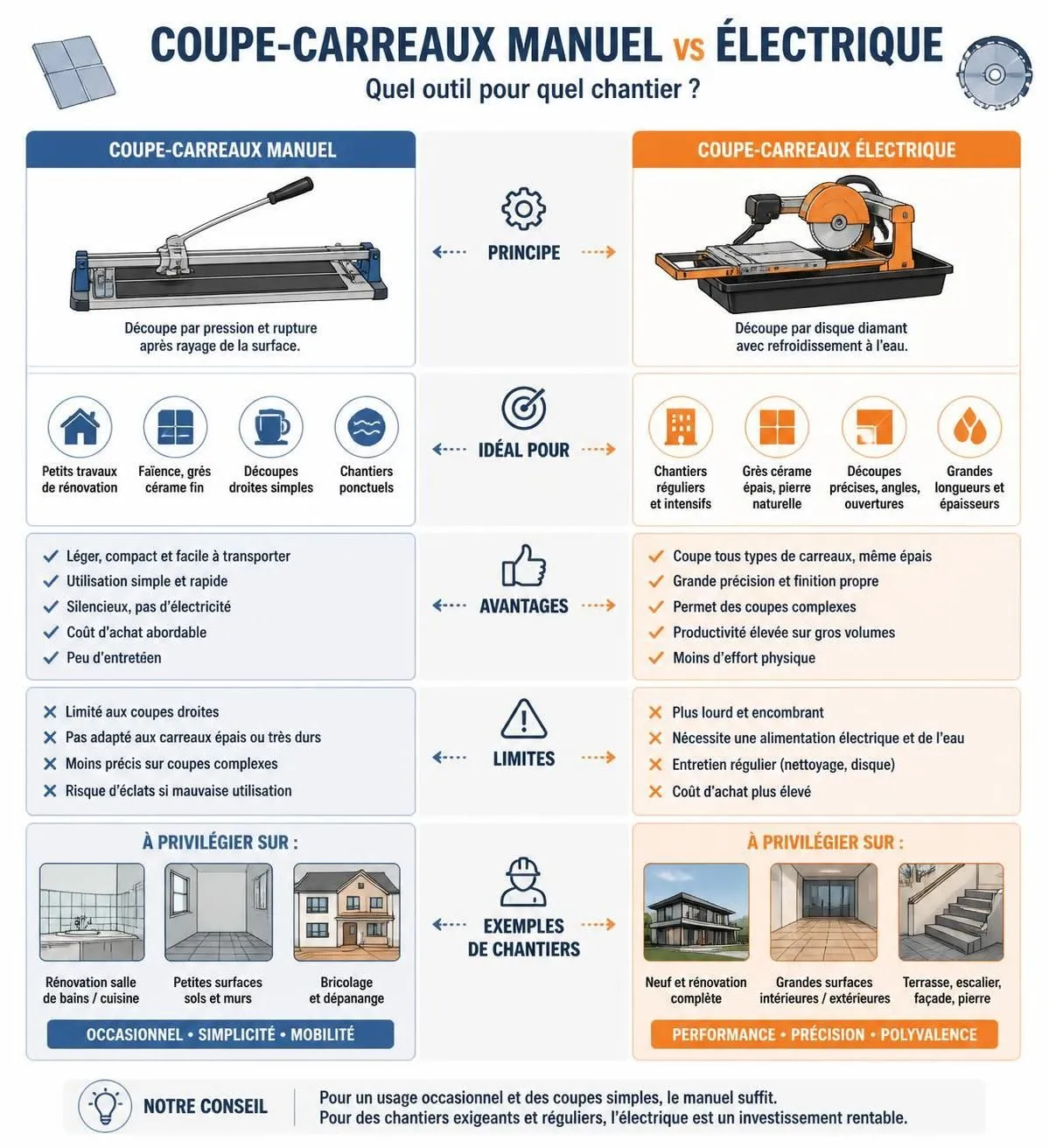 découvrez comment choisir entre un coupe-carreaux manuel ou électrique en fonction de votre chantier pour des découpes précises et efficaces.